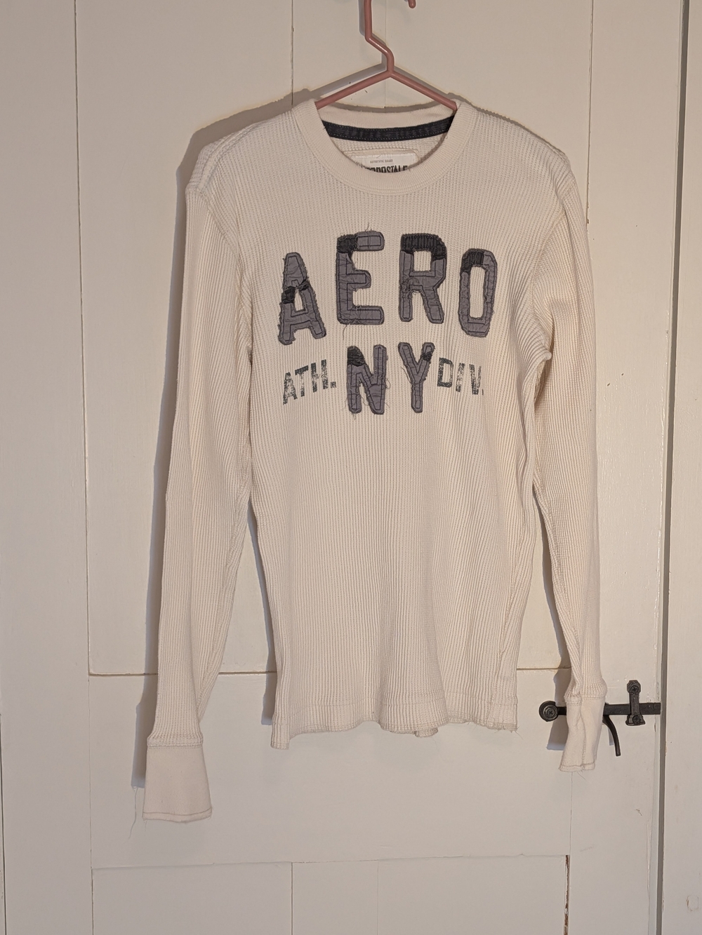 Aeropostale Shirt Cream Long Sleeve Thermal Navy Logo Waffle Cotton Vintage S